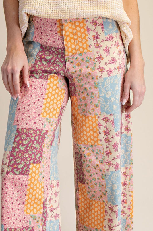 Easel Patchwork Print Pants Lt Khaki