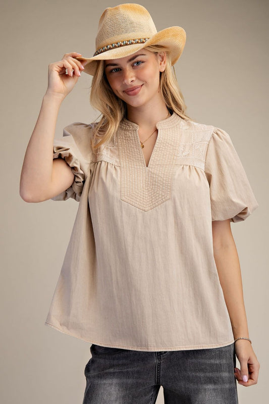 Easel Puff Sleeves Denim Top - Khaki