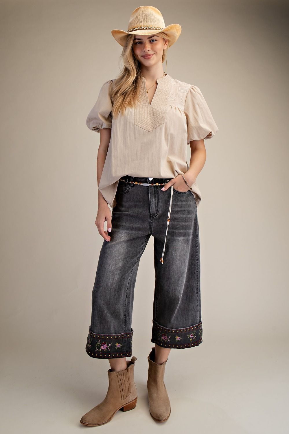 Easel Puff Sleeves Denim Top - Khaki