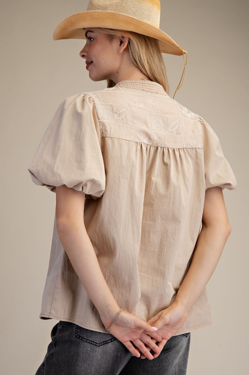 Easel Puff Sleeves Denim Top - Khaki