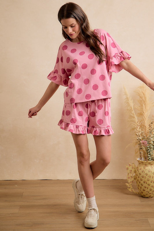 BiBi Polka Dots Ruffled Short Set Pink