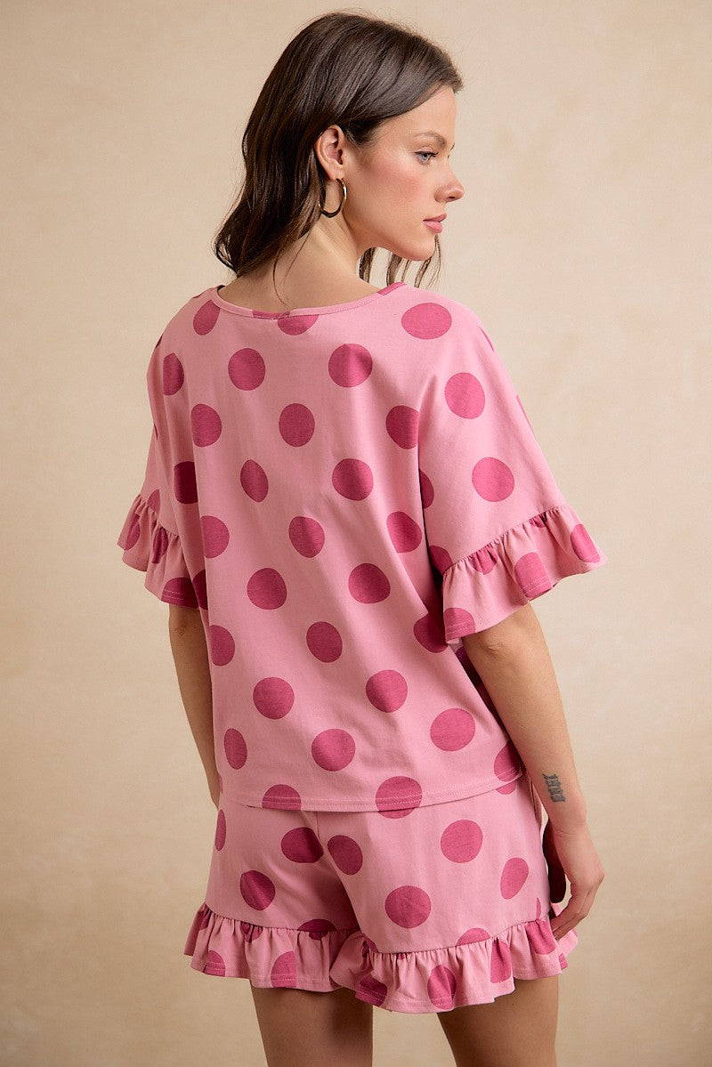 BiBi Polka Dots Ruffled Short Set Pink