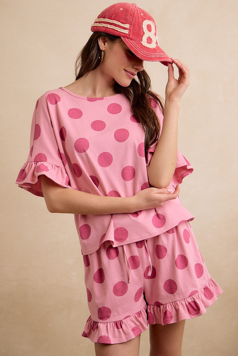 BiBi Polka Dots Ruffled Short Set Pink