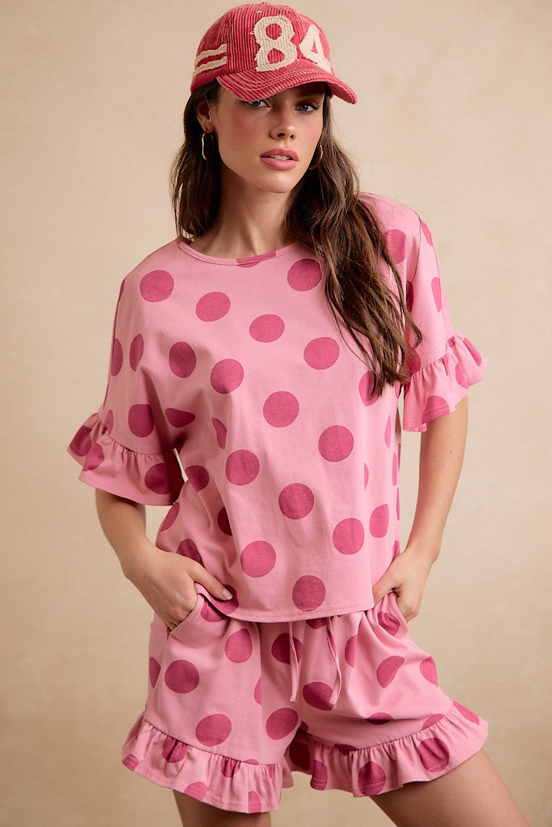 BiBi Polka Dots Ruffled Short Set Pink