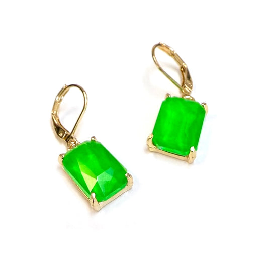 Rectangle Glass Dangle Lever Earrings-Neon Green