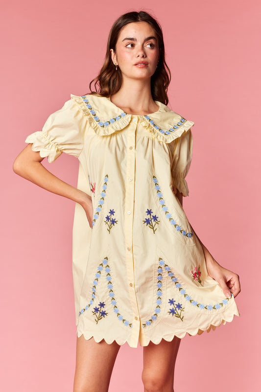 Rareraw Floral Embroidered Scallop Dress