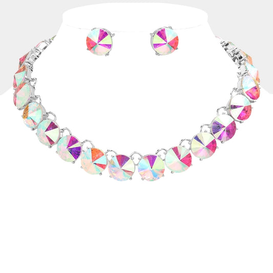 Round Stone Link Necklace-Silver AB