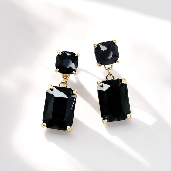 Double Square Linked Crystal Glass Dangle Earrings