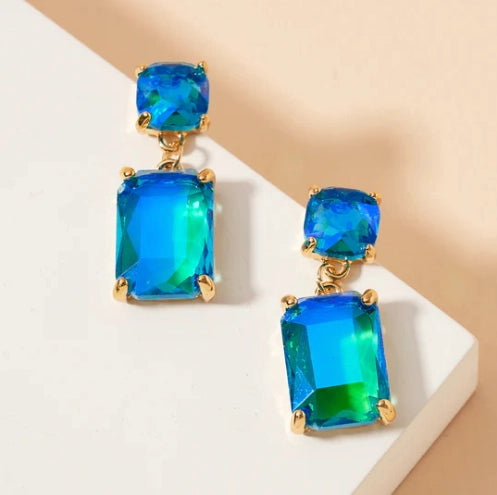Double Square Linked Crystal Glass Dangle Earrings