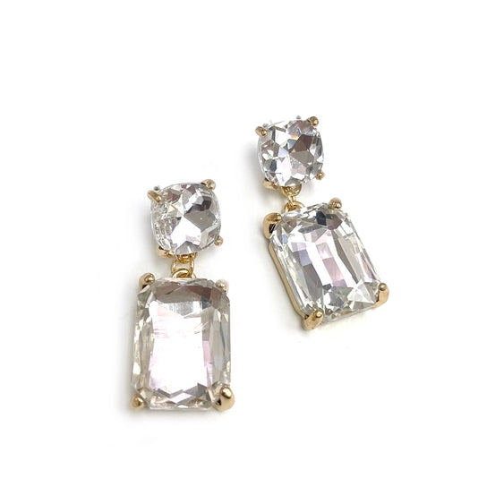 Double Square Linked Crystal Glass Dangle Earrings