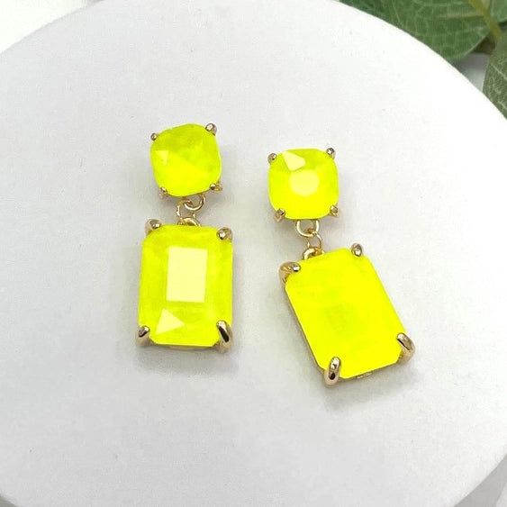 Double Square Linked Crystal Glass Dangle Earrings