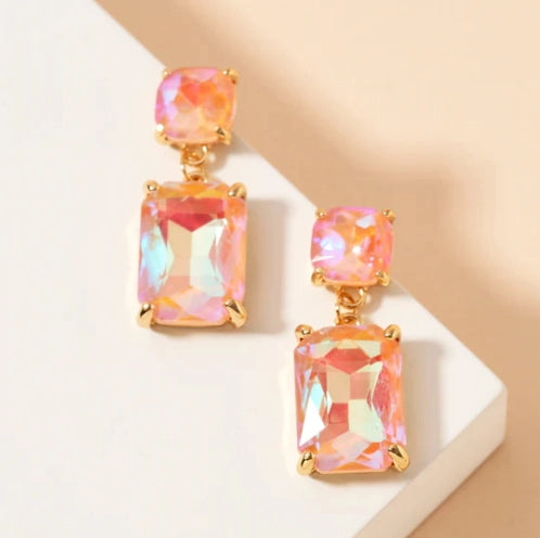 Double Square Linked Crystal Glass Dangle Earrings