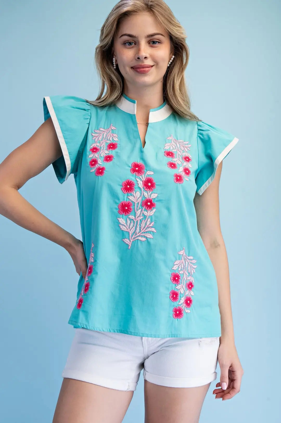 GiGiO Floral V-Neck Top Aqua