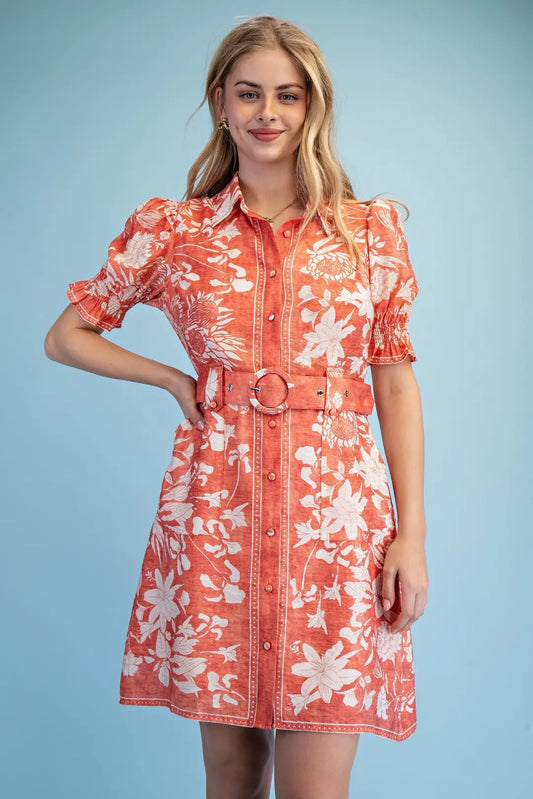 GiGiO Floral Print Shirt Dress Tomato