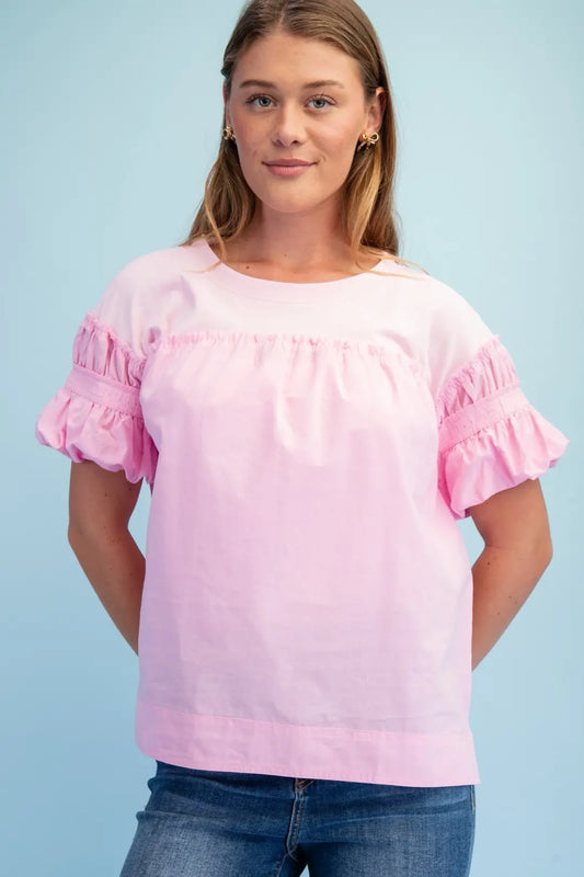 GiGiO Gathered Top with Puff Sleeves Pink