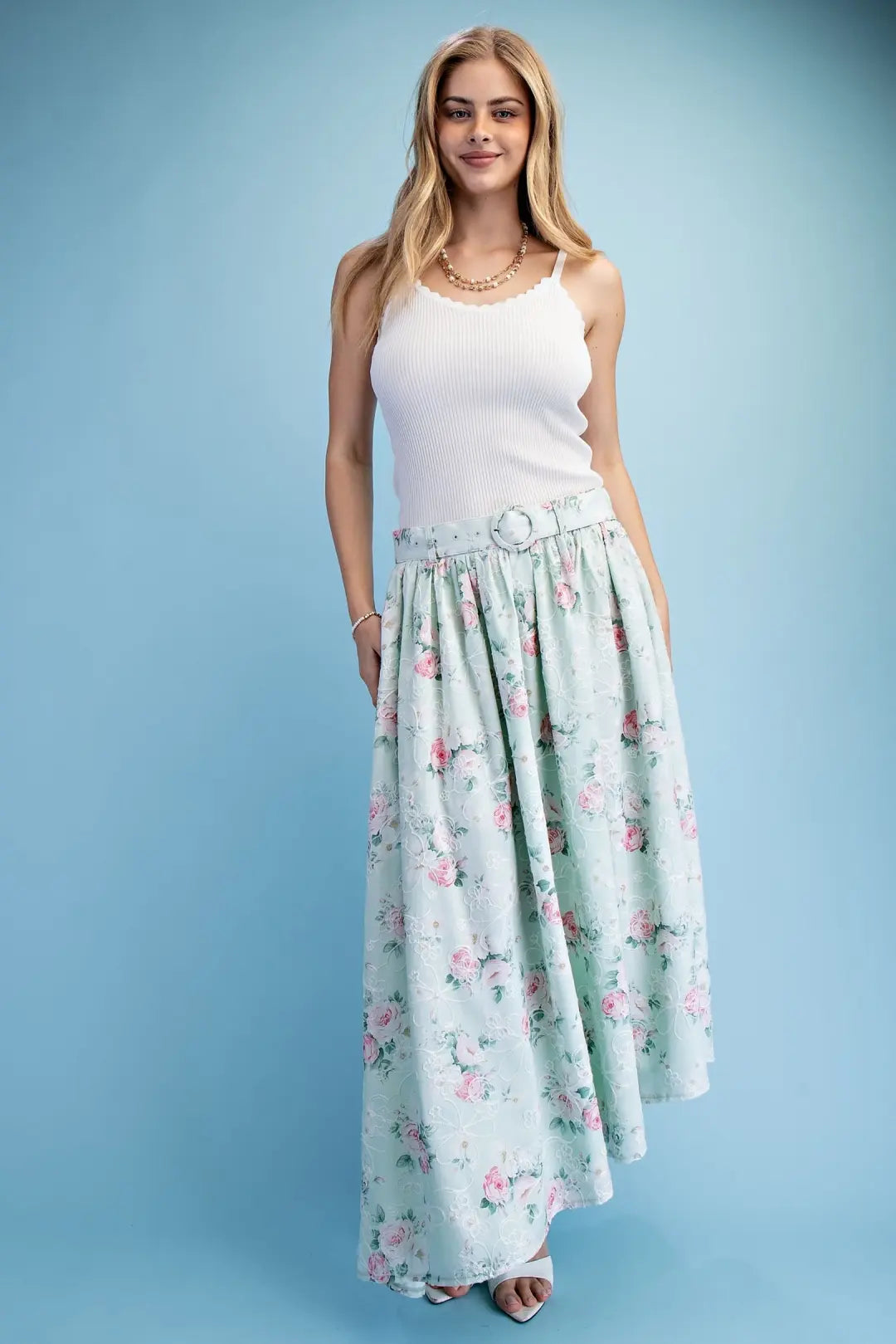 GiGiO Floral Print Belted Skirt Vanilla