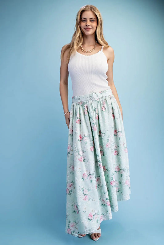 GiGiO Floral Print Belted Skirt Vanilla