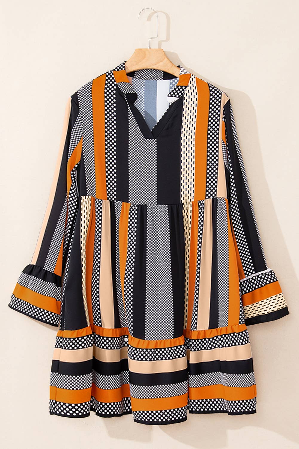 Striped Polka Dot Print V Neck Long Sleeve Mini Dress (S-XL): Multi-Colored / Missy / XL
