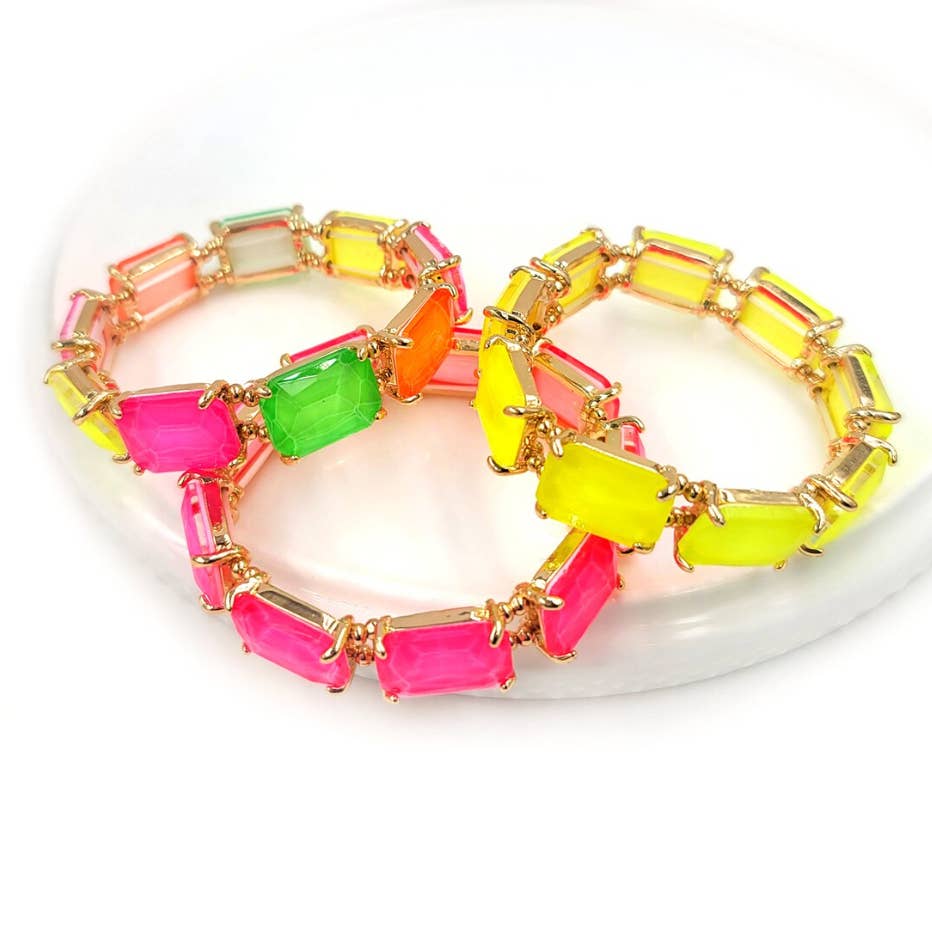 Rectangular Glass Crystal Linked Stretch Bracelet: NEON-GREEN