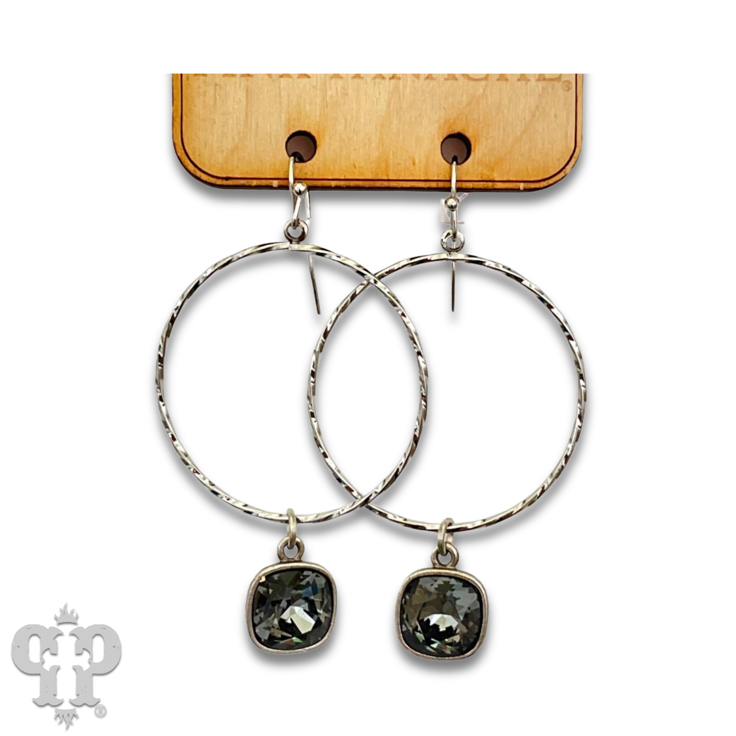 Textured metal tone circle earring with Austrian crystal - LC: Silver