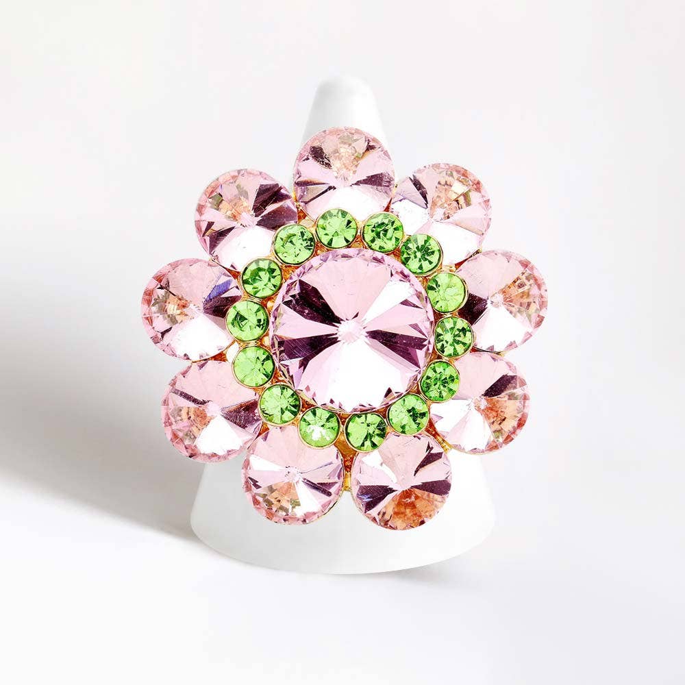 Round Crystal Flower Stretch Ring: AB,Silver