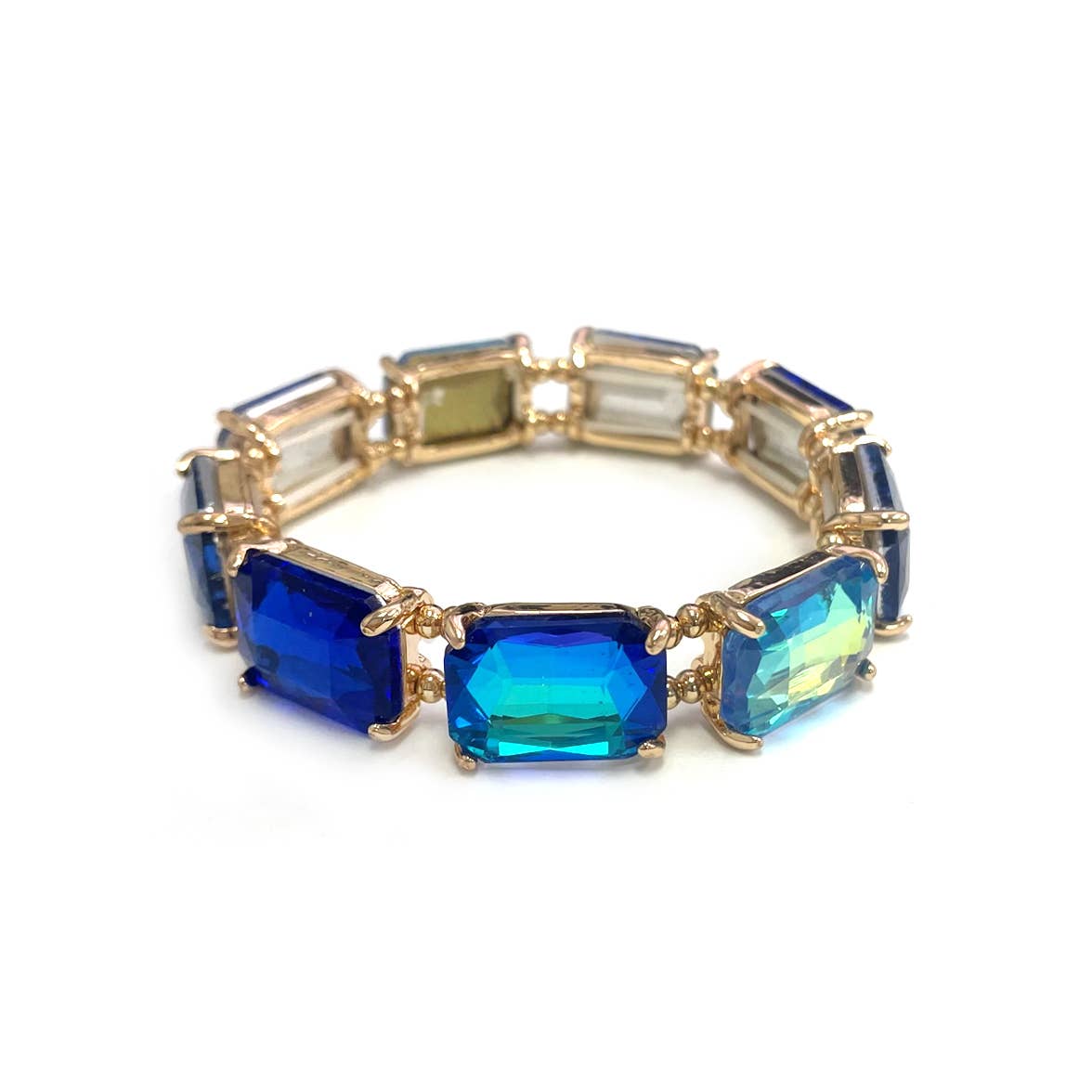 Rectangular Glass Crystal Linked Stretch Bracelet: NEON-GREEN