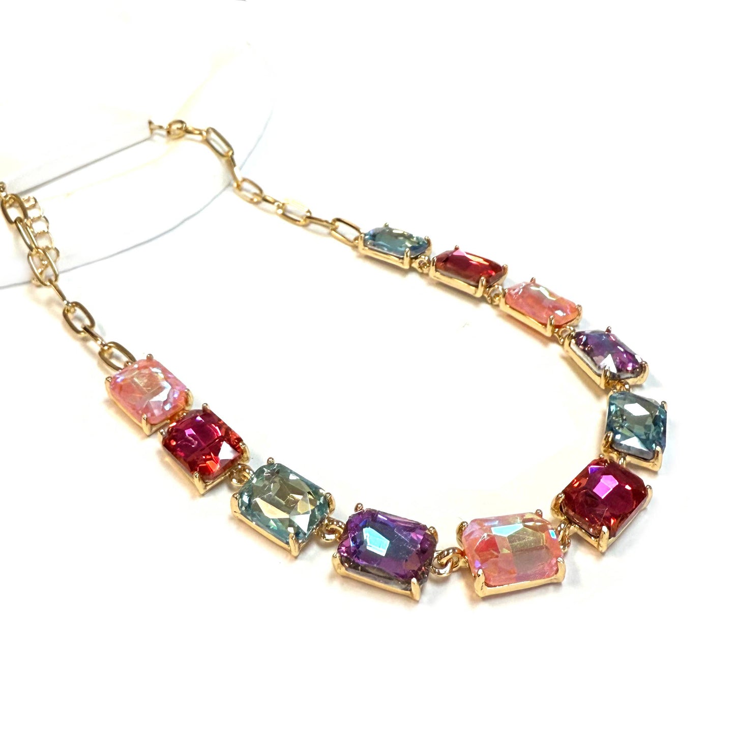 Rectangle Crystal Glass Linked Statement Chain Necklace : Neon Multi