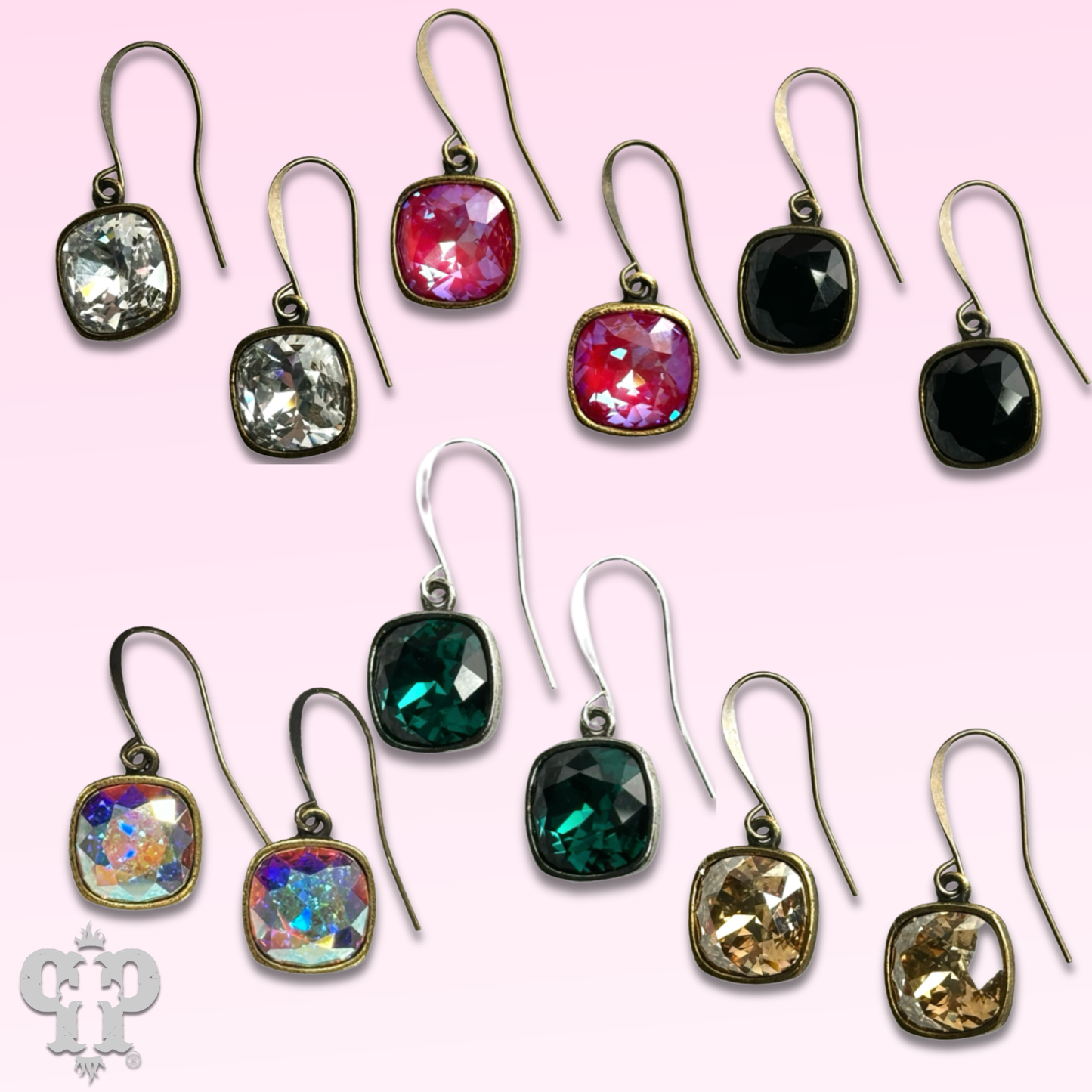 Austrian square crystal hook earring, 12mm: Clear/Bronze