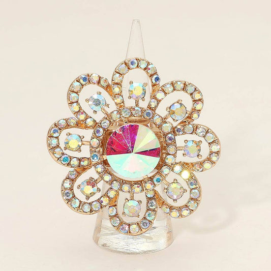 Floral Stone Accent Stretch Statement Ring: AB,Gold