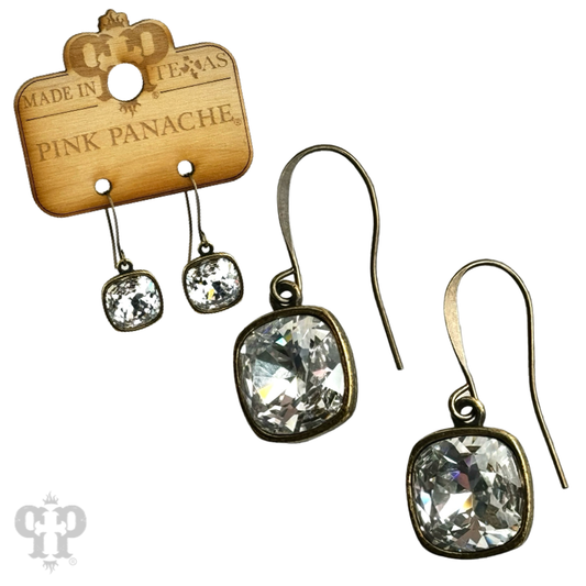 Austrian square crystal hook earring, 12mm: Clear/Bronze