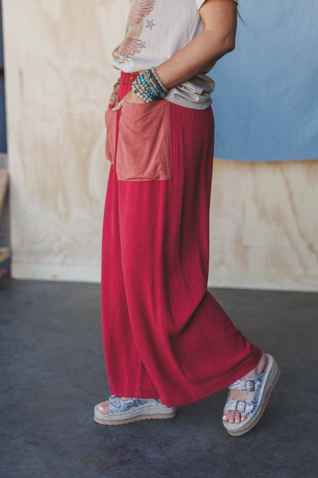 No Rush Wide Leg Pants - Terracotta Multi: Red / XL