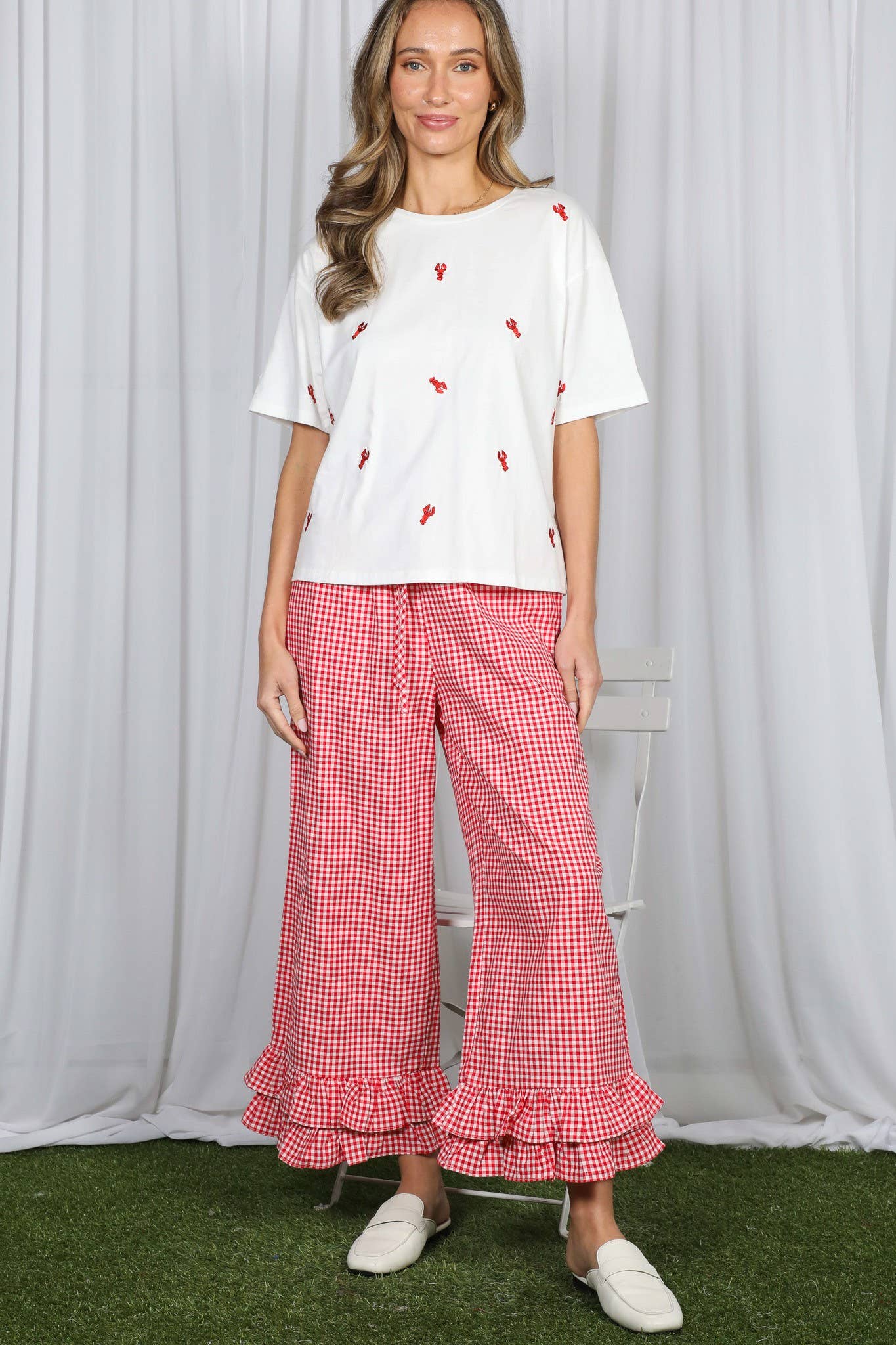 Gingham Casual Ruffled Hem 100%Cotton Cropped Pants VP83379A: Red / M