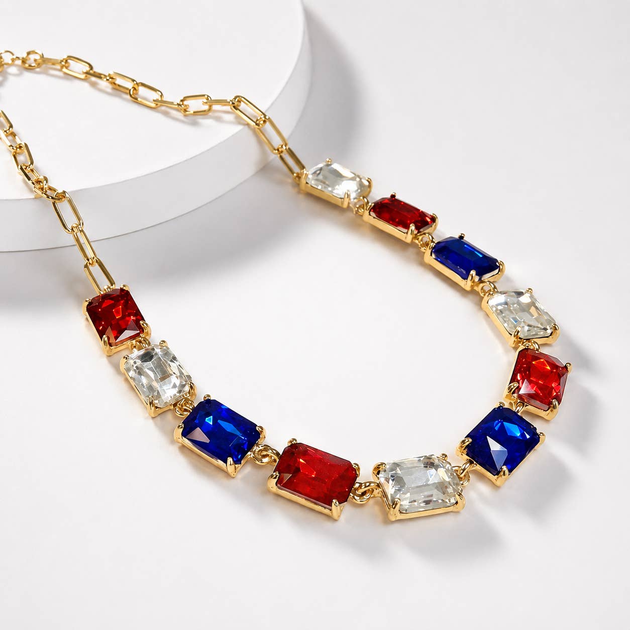 Rectangle Crystal Glass Linked Statement Chain Necklace : Neon Multi