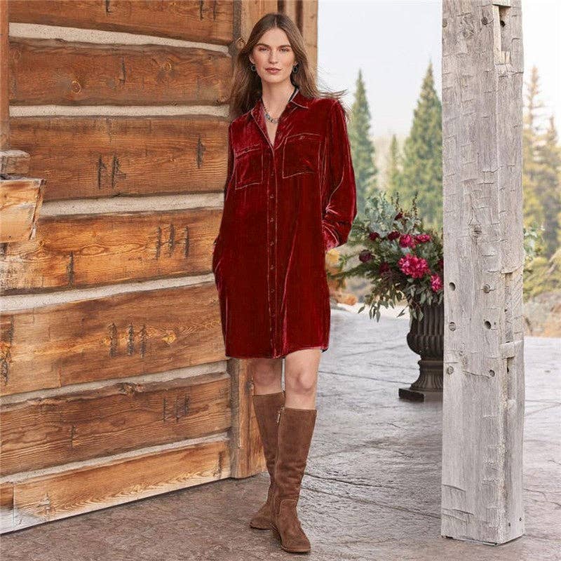 Casual Velvet Solid Color Shirt Dress: Malachite Blue / XL