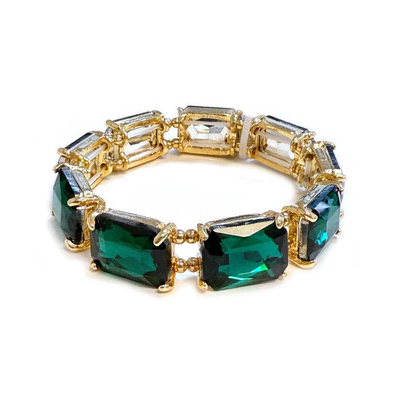 Rectangular Glass Crystal Linked Stretch Bracelet: NEON-FUCHSIA