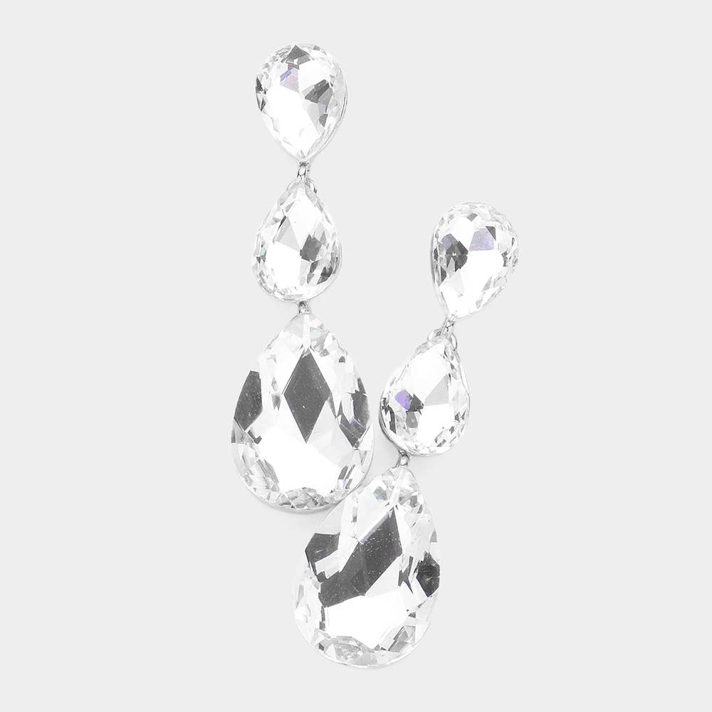 Triple Glass Crystal Teardrop Evening Earrings: Pink