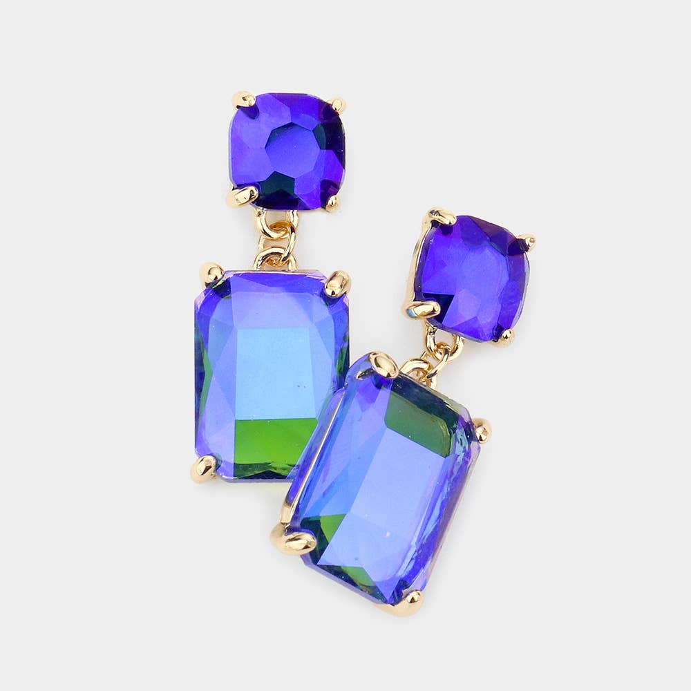 Square Rectangle Glass Stone Link Dangle Evening Earrings: LP-AB