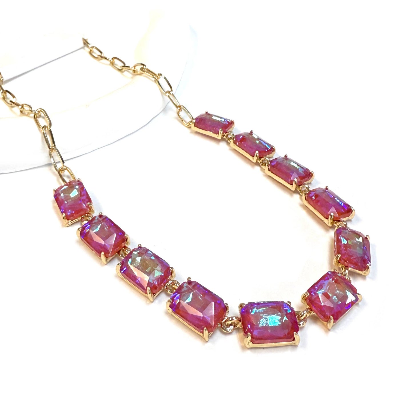 Rectangle Crystal Glass Linked Statement Chain Necklace : Neon Multi