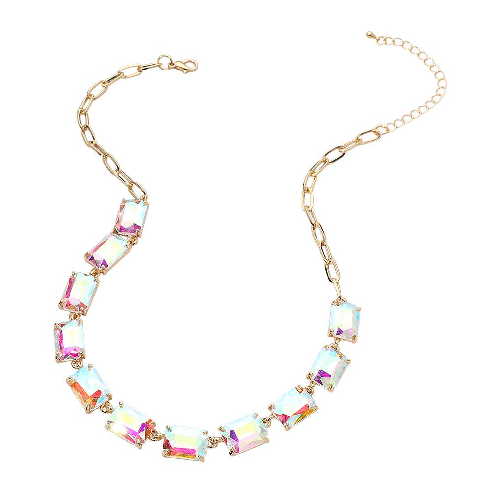 Cushion Rectangular Stone Cluster Link Evening Necklace: AB,Gold