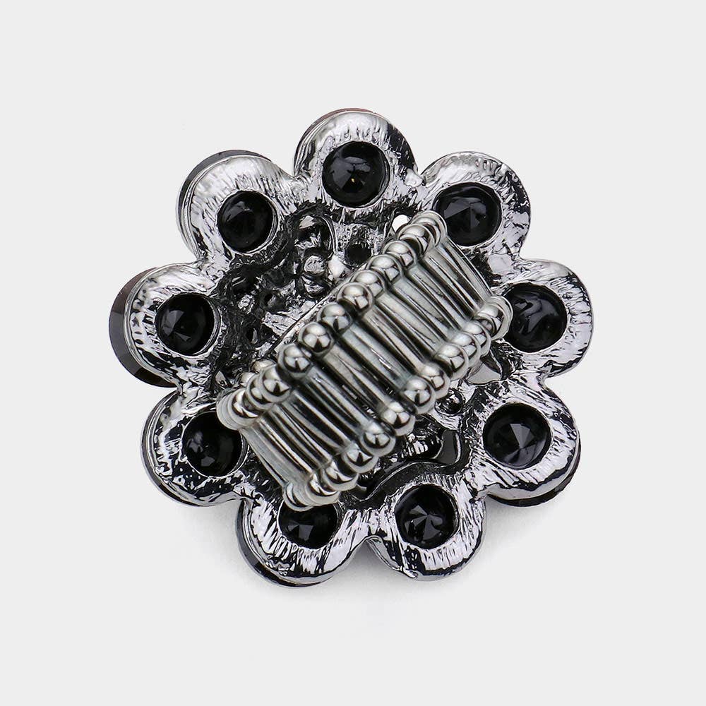 Round Crystal Flower Stretch Ring: AB,Silver