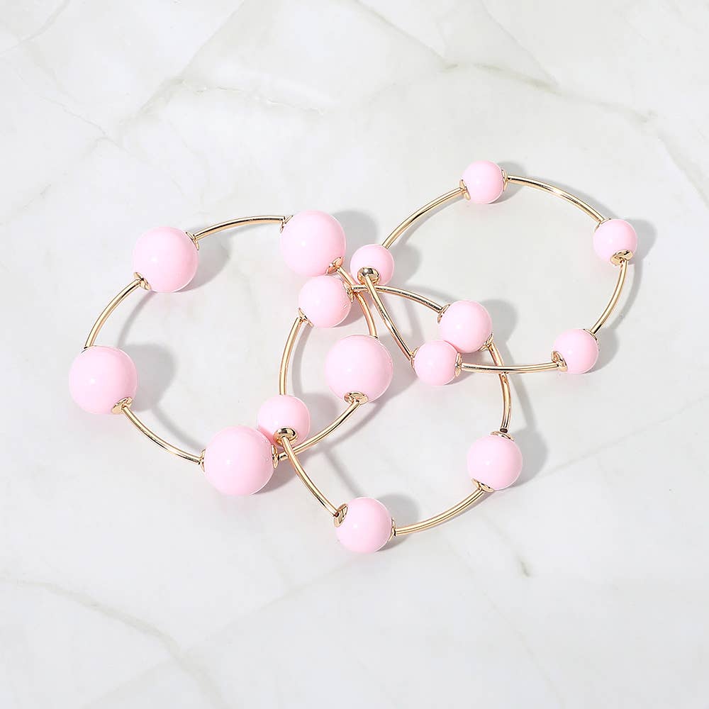 3PCS - Resin Ball Metal Bar Beaded Stretch Stackable Multi Layered Bracelets: Gold,Light Blue