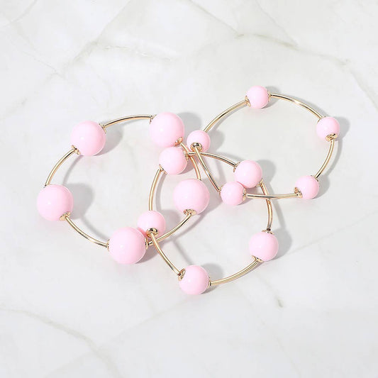 3PCS - Resin Ball Metal Bar Beaded Stretch Stackable Multi Layered Bracelets: Gold,Light,Pink