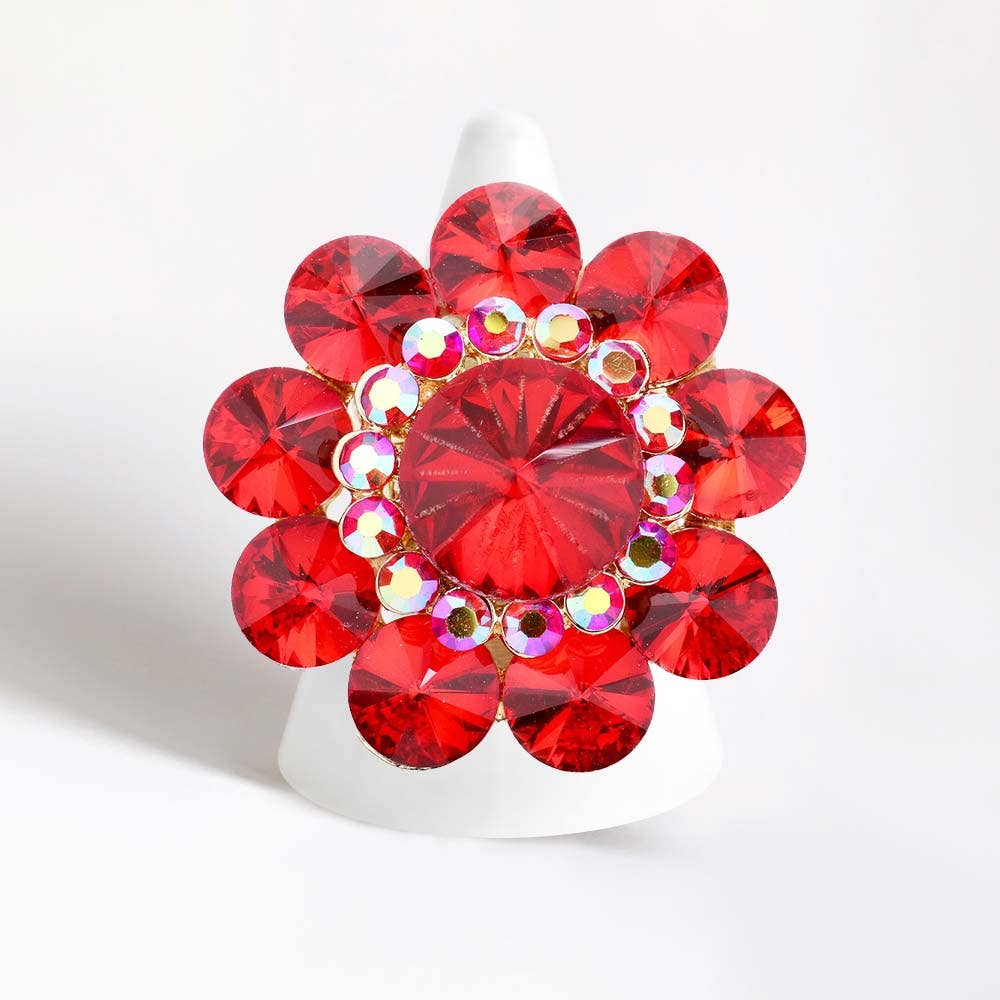 Round Crystal Flower Stretch Ring: AB,Silver