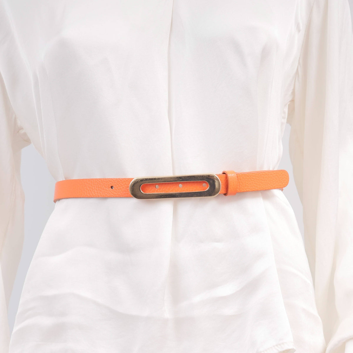 Slim leather belt with gold oval buckle – ref BK0101: Marron F
