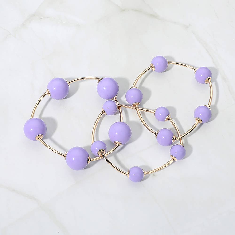 3PCS - Resin Ball Metal Bar Beaded Stretch Stackable Multi Layered Bracelets: Gold,Light,Pink