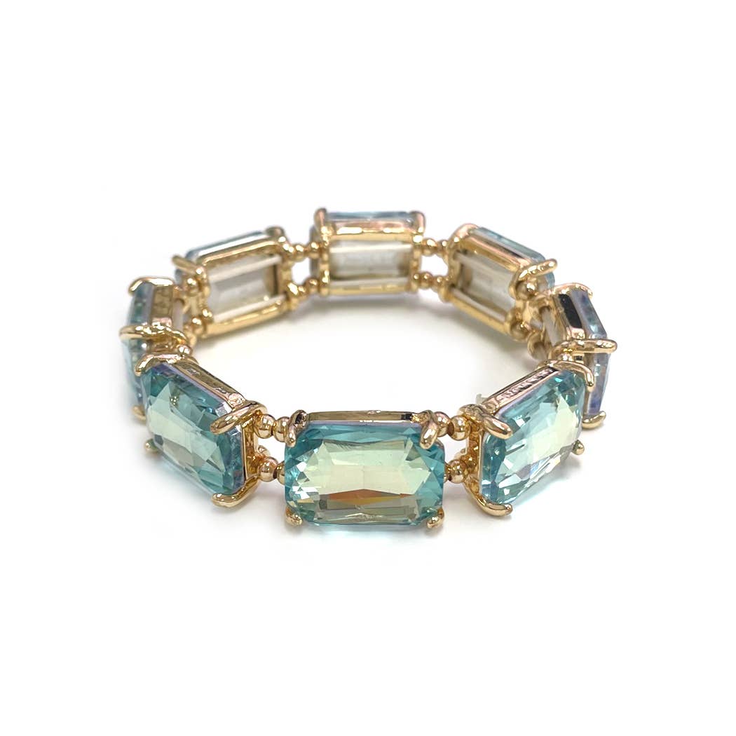 Rectangular Glass Crystal Linked Stretch Bracelet: NEON-GREEN