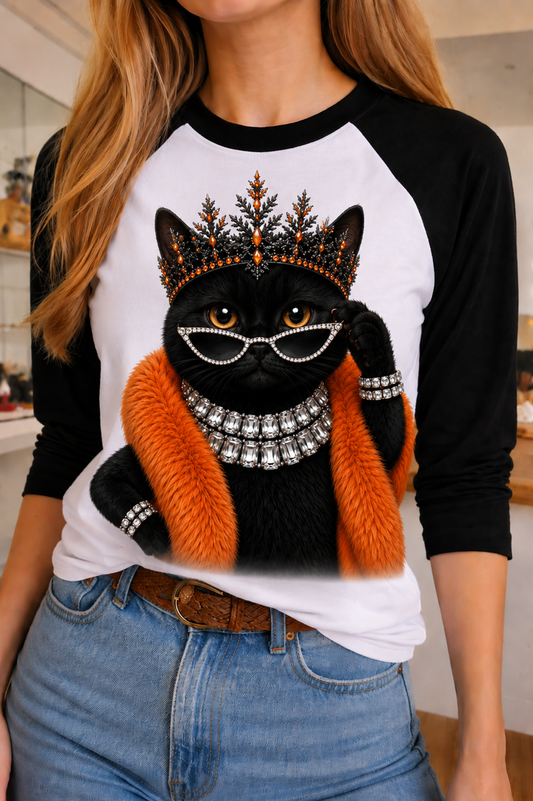 Jeweled Collar Sassy Black Cat on White/Blk Raglan: Yes All Blinged Out / 2XL