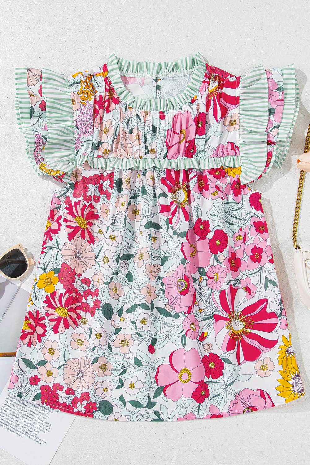 LDC Floral Print Contrast Ruffle Trim Short Sleeve Blouse: Pink / XL