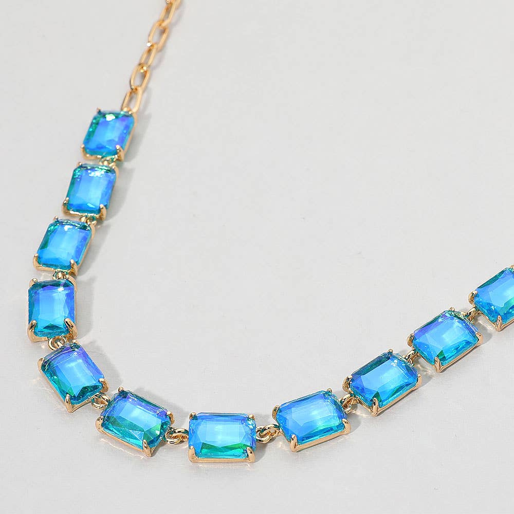 Cushion Rectangular Stone Cluster Link Evening Necklace: AB,Antique Silver