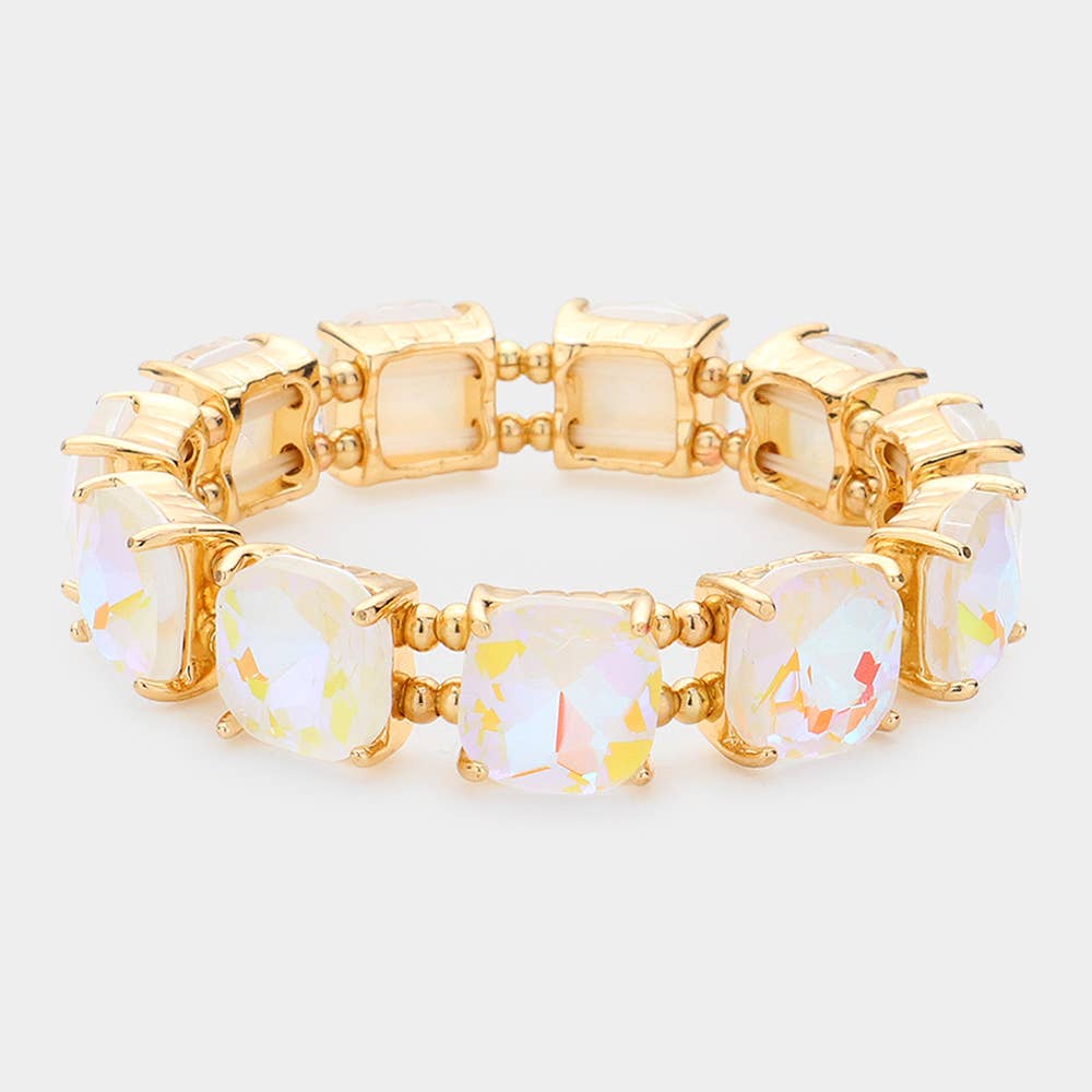 Cushion Square Stone Stretch Evening Bracelet: Gold Ab